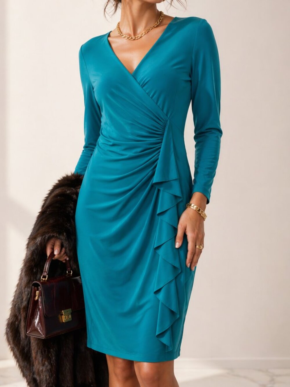 NWT Black Label by Evan Picone Size 8 Teal Dress Jersey Knit Faux Wrap Teal